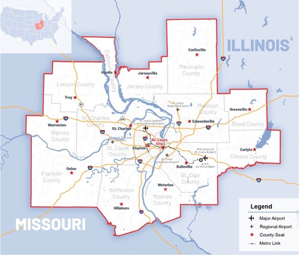 St. Louis Area Transportation Graphic showing highways, rivers and airports