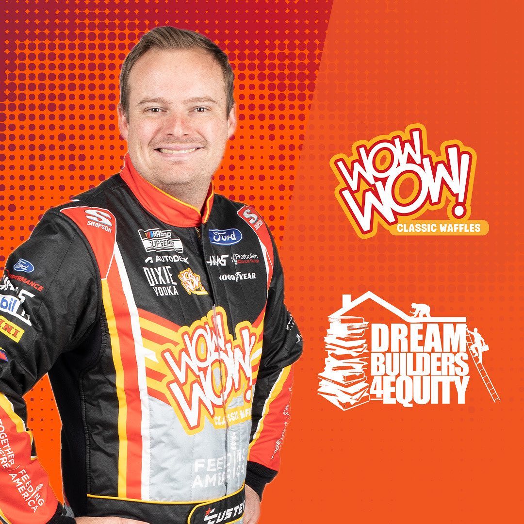 Image of NASCAR Cup Series driver Cole Custer, sponsored by Marson Foods, featuring Wow Wow Waffle and Dream Builders for Equity logos