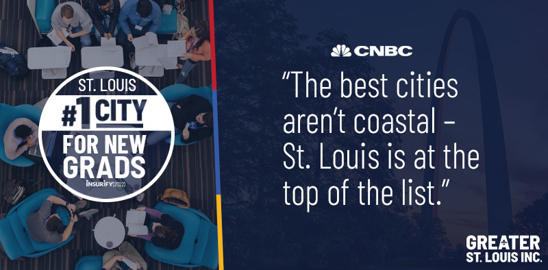 Graphic: #1 City for New Grads Graphic that reads "The best cities aren't coastal - St. Louis is at the top of the list."