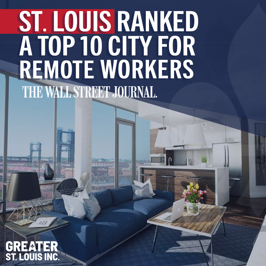 Horizontal image of the interior of a high-rise apartment with the words "St. Louis Ranked a Top 10 City for Remote Workers"