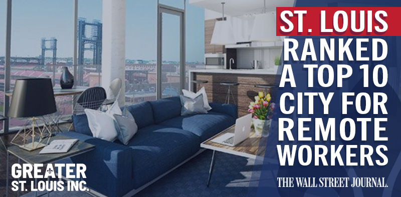 Horizontal image of a high-rise apartment with the words "St. Louis Ranked a Top 10 City for Remote Workers"