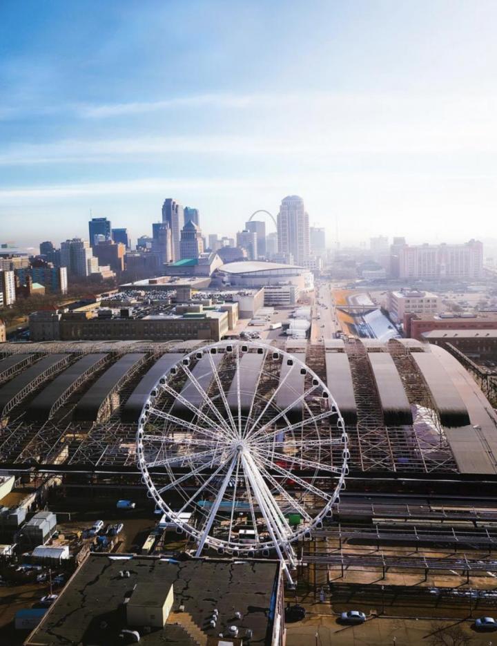 St. Louis Downtown Skyline showing the Ferris Wheel and the Arch during the day