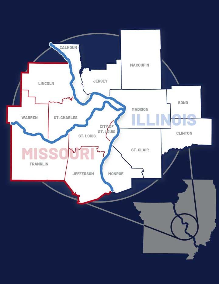 Map of the 15 bistate counties of the region