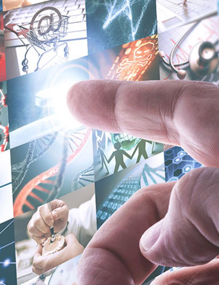 a hand clicking a screen with multiple images related to technology