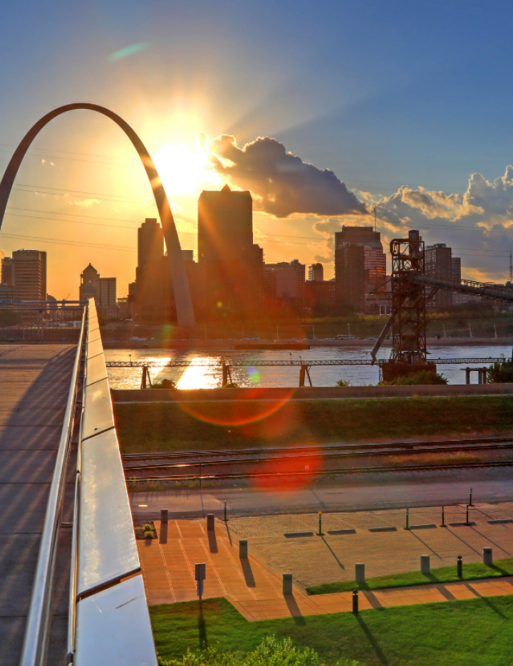 Image of bride looking at sunset in St. Louis skyline.