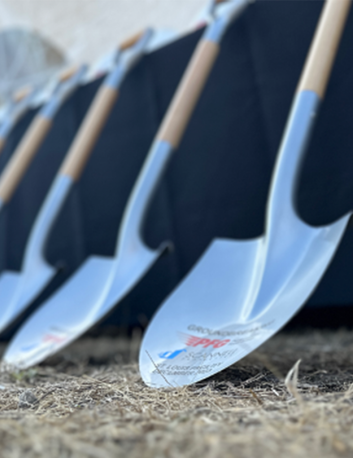 Sholves a row of shovels with black handles and silver blades, lined up and angled into the ground, likely for a groundbreaking ceremony.
