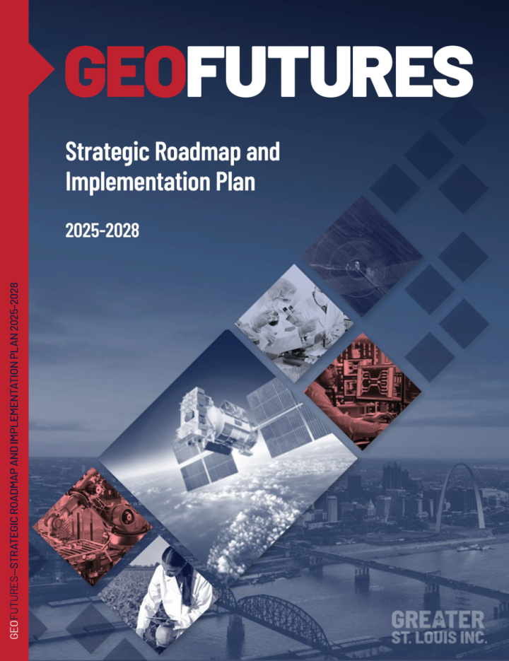 This is a professional document cover for "GEOFUTURES Strategic Roadmap and Implementation Plan 2025-2028" published by Greater St. Louis Inc. The design features a modern layout with the "GEOFUTURES" title prominently displayed at the top - "GEO" in red text and "FUTURES" in white text against a dark blue background. The subtitle "Strategic Roadmap and Implementation Plan" and date range "2025-2028" are shown in white text below.