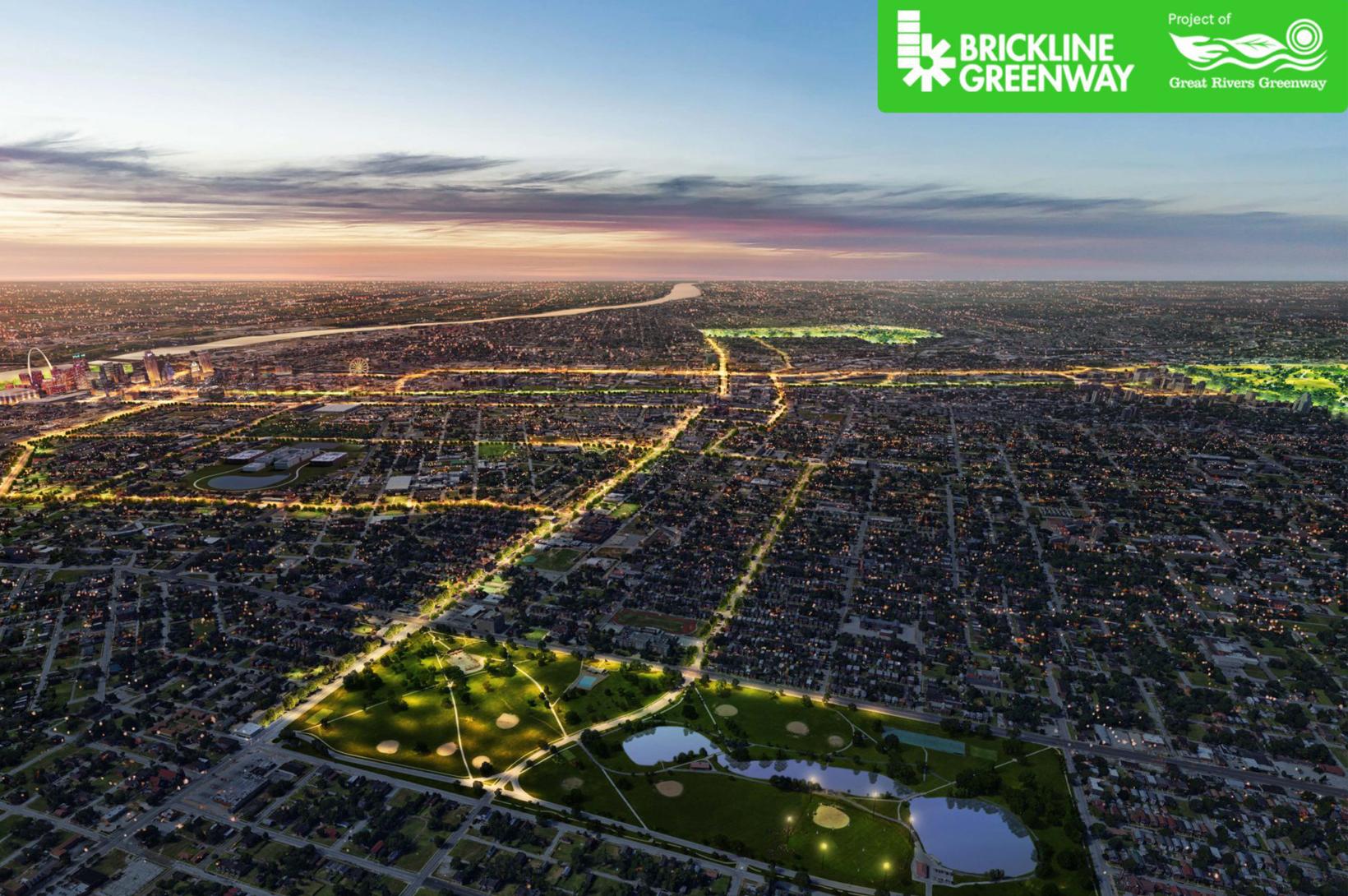 Aerial view of St. Louis City with an illuminated Brickline Greenway
