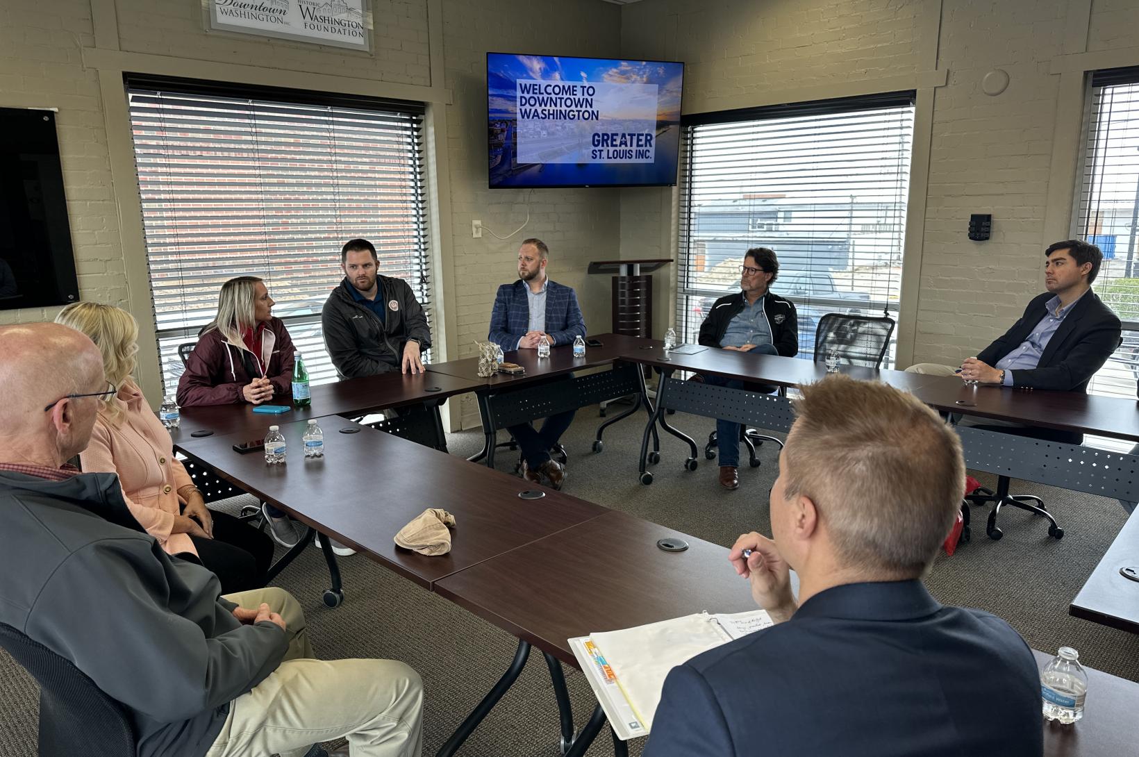 Greater St. Louis, Inc. CEO Jason Hall talks with a roundtable of Washington, Mo., business owners and leaders.