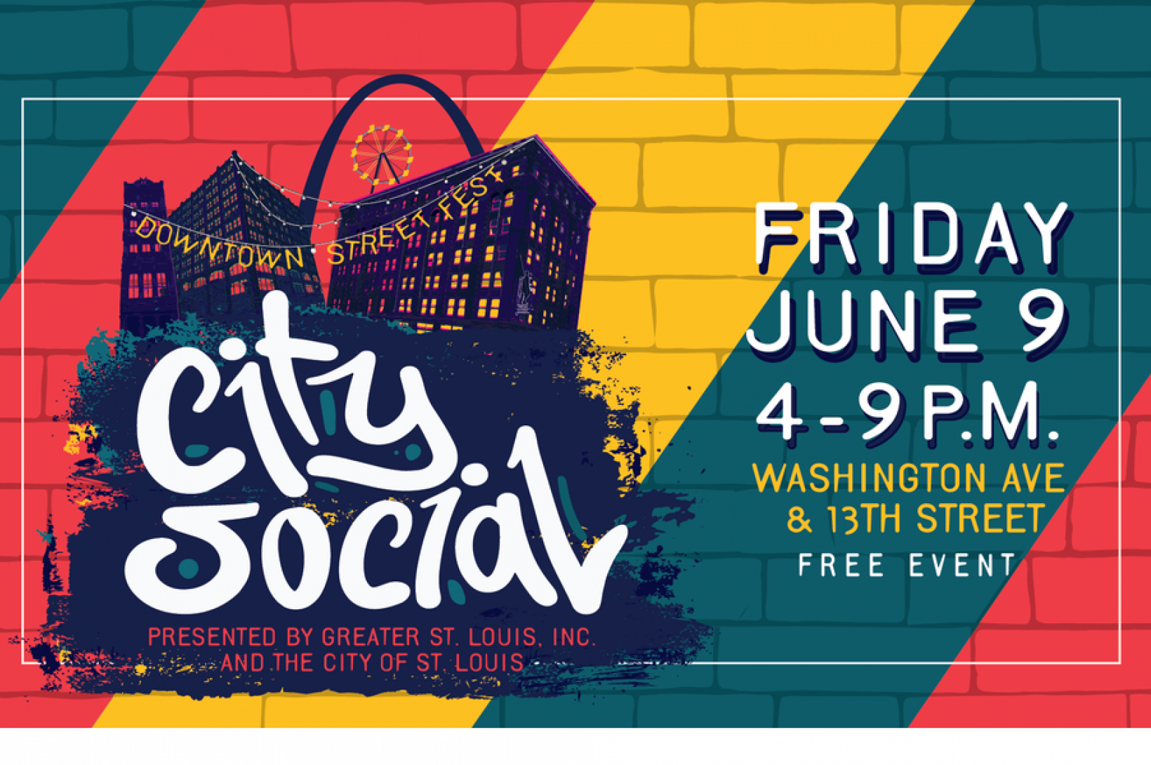 Green, red and yellow graphic promoting City Social 2023 in Downtown St. Louis