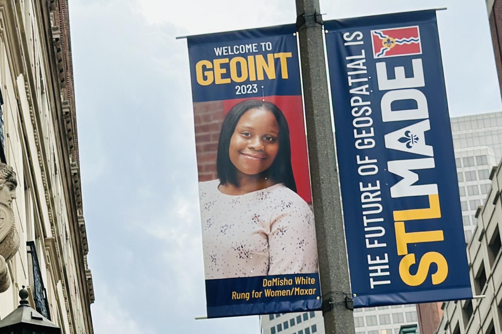 Photo of Downtown St. Louis banners welcoming visitors to GEOINT 2023