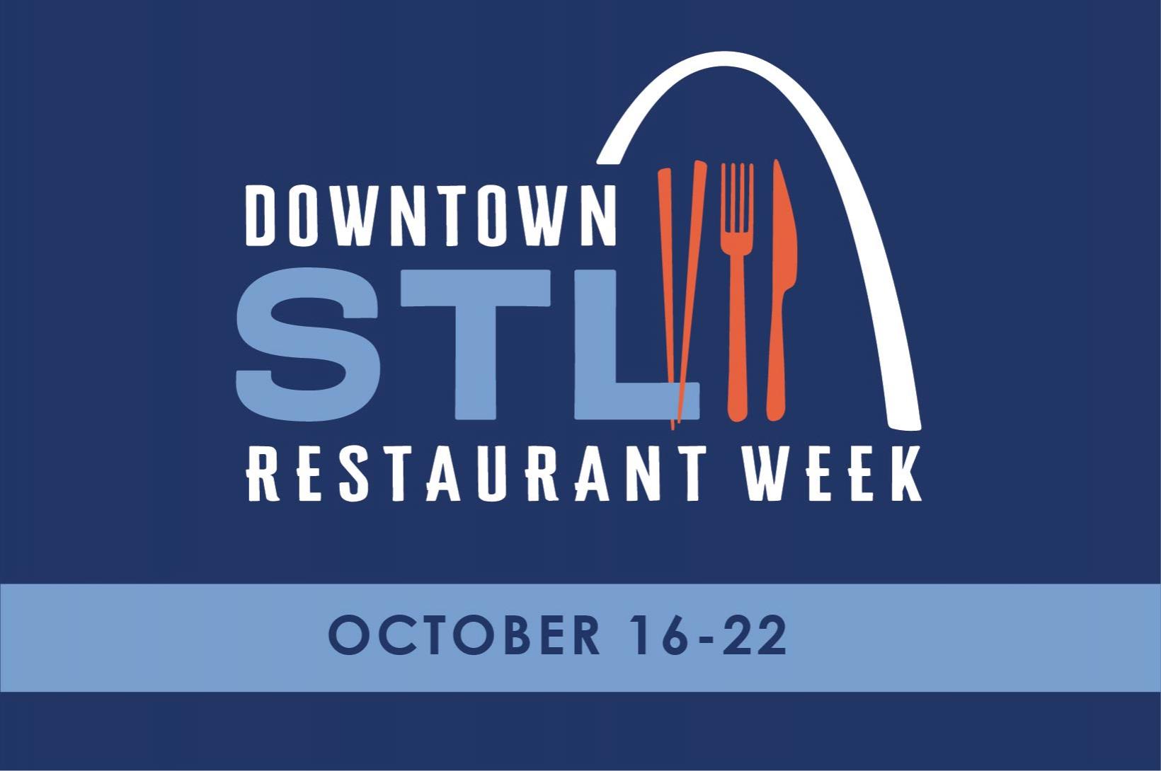 Downtown Restaurant Week 2023 Downtown STL Restaurant Week logo and dates (Oct. 16-22) on navy blue background