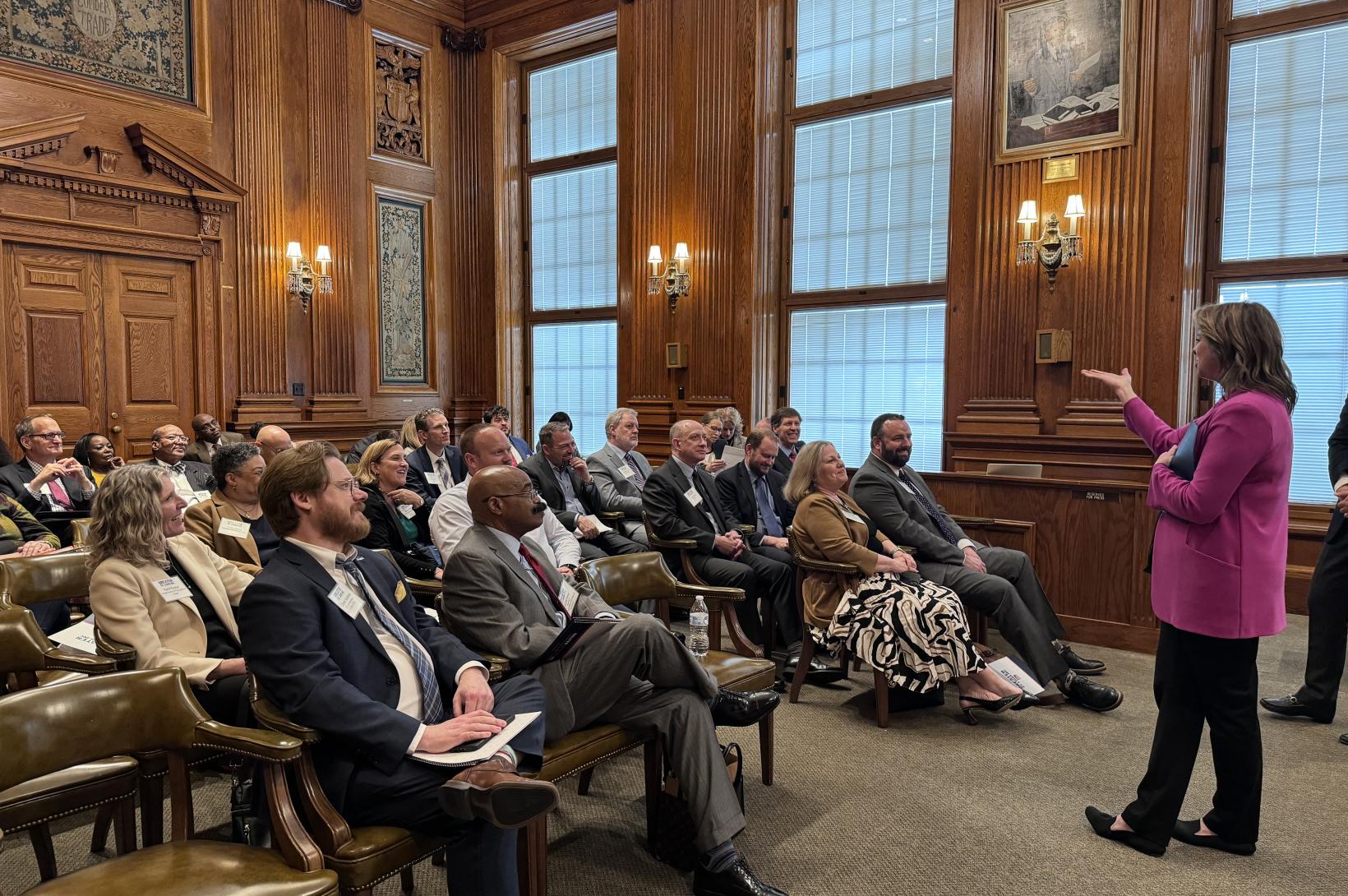 2024 Day at the Missouri Capitol A Missouri legislator talks to a group of seated guests at the Missouri Capitol.