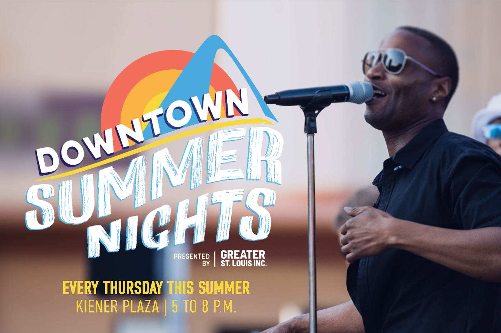A graphic featuring a Black man singing into a microphone with the words "Downtown Summer Nights: Every Thursday this Summer, Kiener Plaza, 5 - 8 p.m.