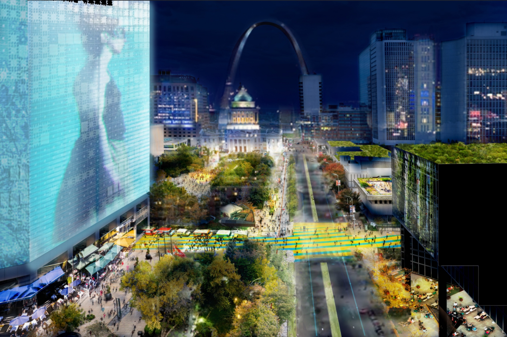 Gateway Mall - Downtown St. Louis - ULI rendering - newsroom A nighttime rendering of a vibrant night activation on the Gateway Mall in Downtown St. Louis