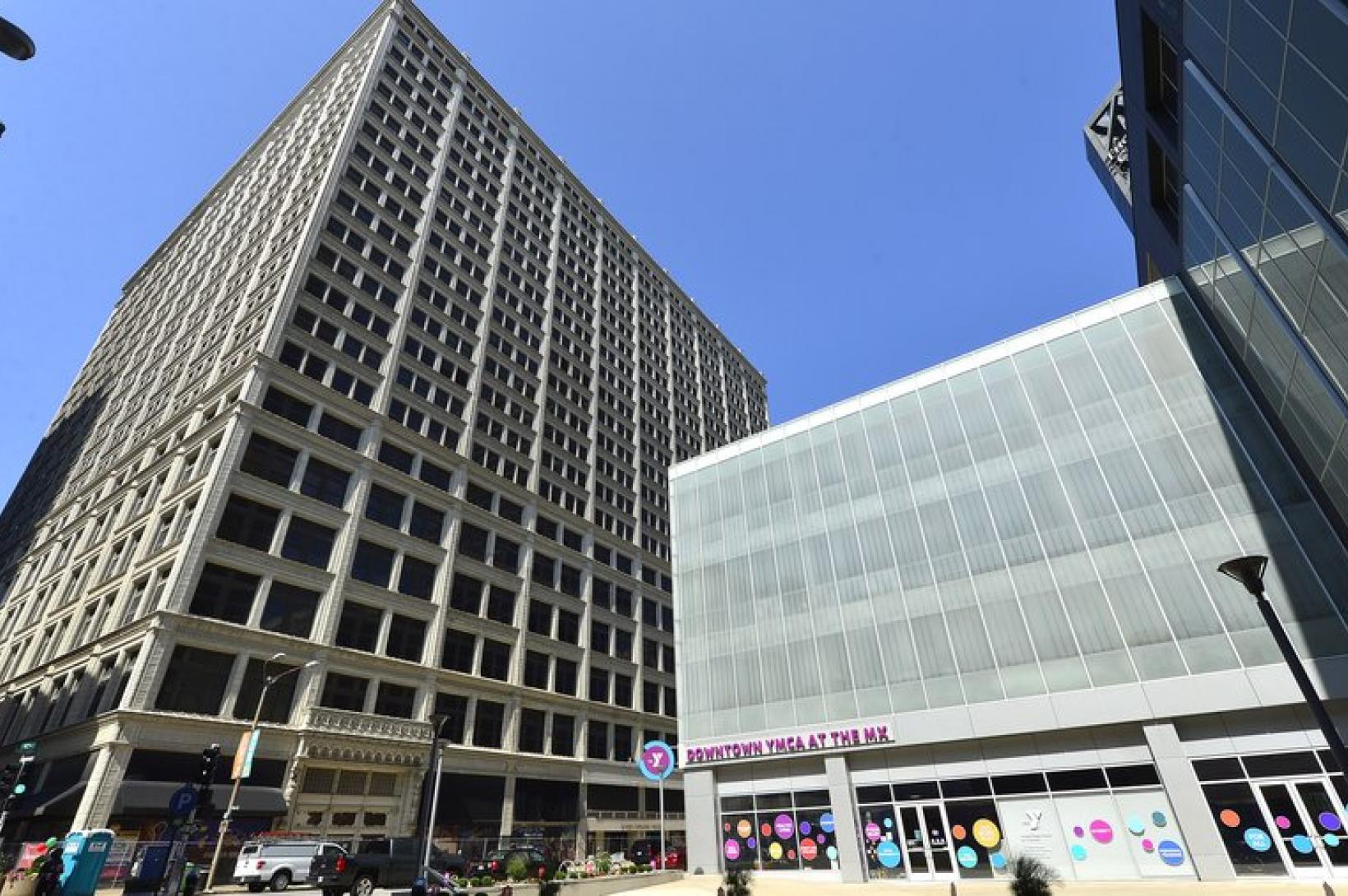 Shot from street level, photo depicts the Railway Exchange Building in St. Louis, MO.