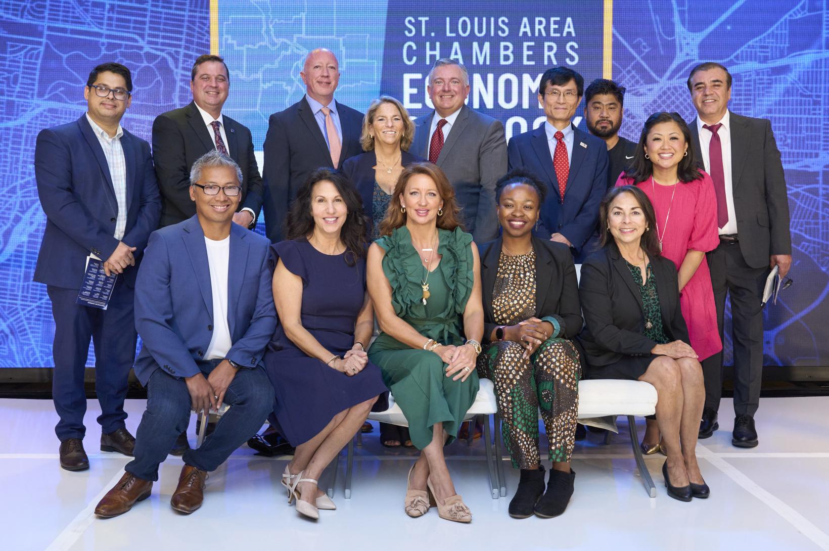 2024 Economic Outlook Breakfast - chamber leaders St. Louis area chamber leaders gather together on stage at the 2024 Economic Outlook Breakfast.