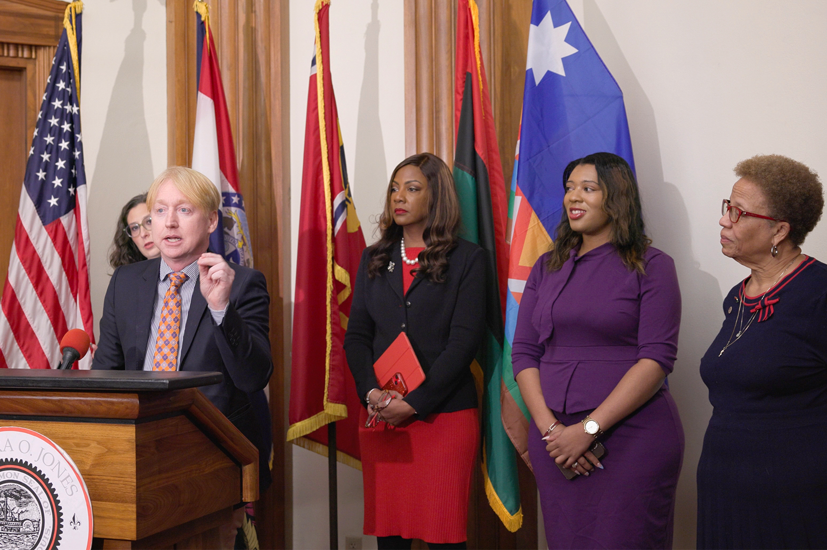 Rams Funds Agreement Press Conference GSL Interim CEO Dustin Allison, Mayor Tishaura Jones, President of the Board of Aldermen Megan Green, and St. Louis Alderpeople Alisha Sonnier and Pam Boyd
