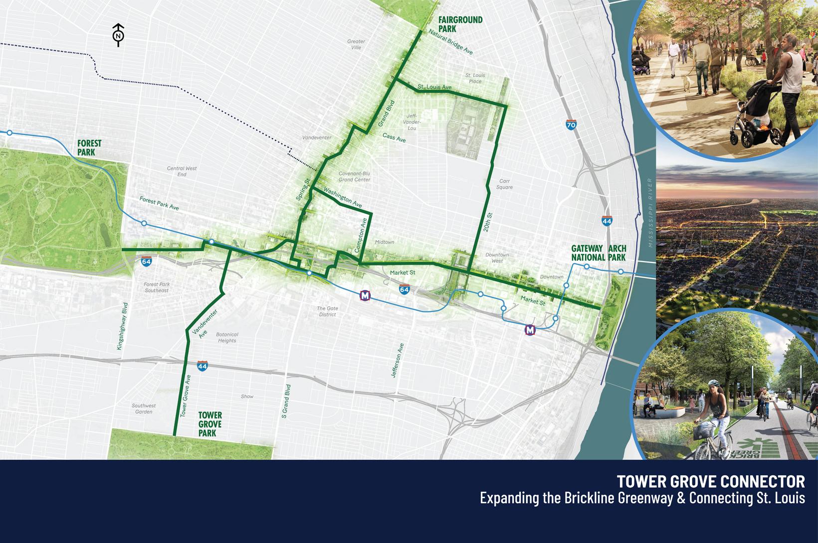 Tower Grove Connector - Newsroom A map of the Tower Grove Connector in St. Louis with the words "Expanding the Brickline Greenway and Connecting St. Louis"