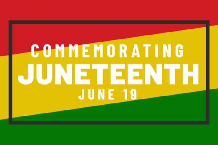 A red, gold and green background that reads "Commemorating Juneteenth June 19"