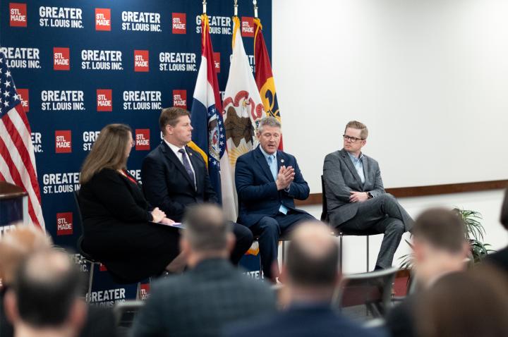 GSL's Tracy Henke moderates a panel with three Missouri legislators at the offices of Greater St. Louis, Inc.