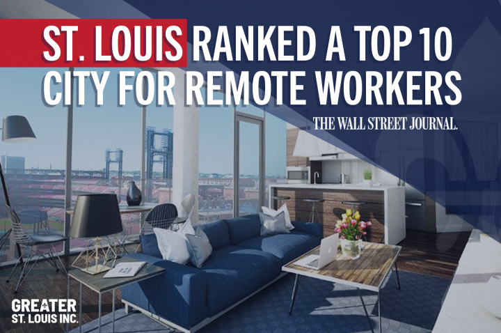 Photo of the interior of a high rise apartment with the words "St. Louis ranked a top 10 city for remote workers"