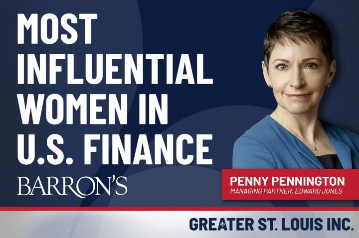 Blue graphic with Penny Pennington's photo reading "Most Influential Women in U.S. Finance" from Barron's
