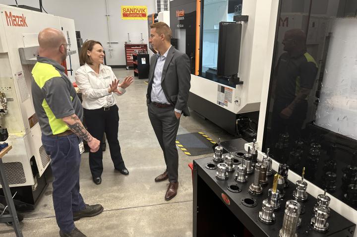 CEO of Greater St. Louis, Inc. Jason Hall talking to employees while on a tour of Lincoln County Campus of Ranken Technical College