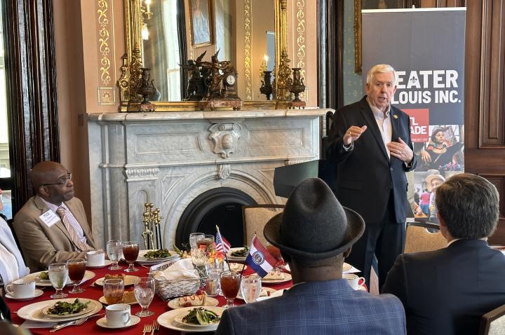 Governor Mike Parson addresses Greater St. Louis, Inc. delegates at the Governor's Mansion.