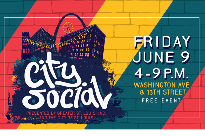 Green, red and yellow graphic promoting City Social 2023 in Downtown St. Louis
