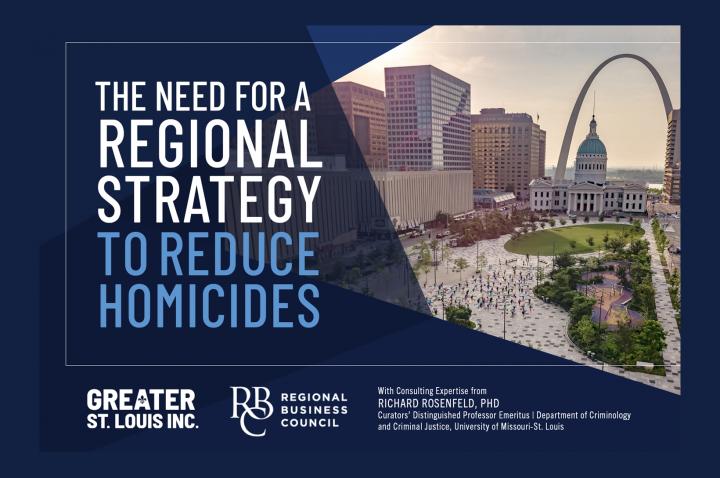 Graphic with the words The Need for a Regional Strategy to Reduce Homicides and a photo of Downtown St. Louis.
