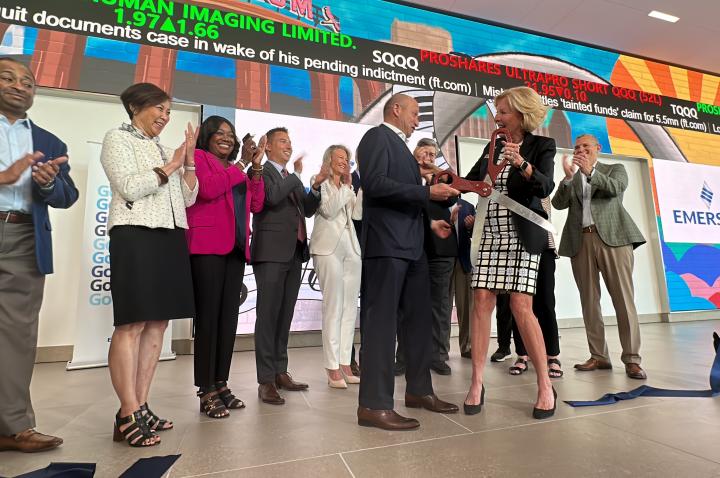 St. Louis leaders celebrate the ribbon cutting of Emerson's new headquarters in Clayton.