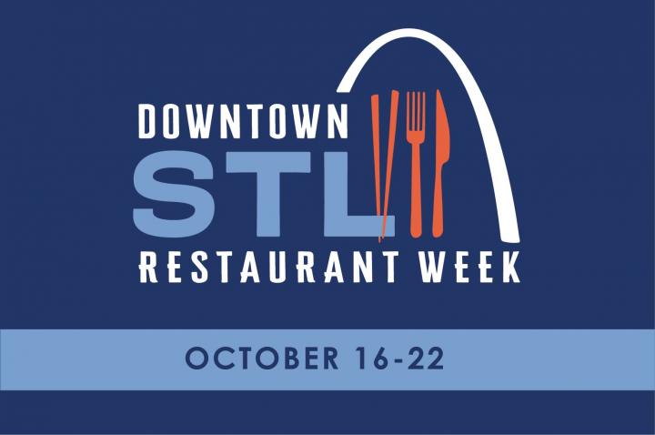 Downtown STL Restaurant Week logo and dates (Oct. 16-22) on navy blue background