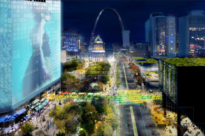 A nighttime rendering of a vibrant night activation on the Gateway Mall in Downtown St. Louis