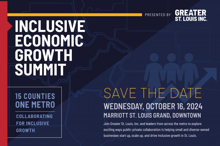 Navy graphic annoucing the 2024 Inclusive Economic Growth Summit on Wednesday, Oct. 16, 2024, at the Marriott St. Louis Grand in Downtown St. Louis.