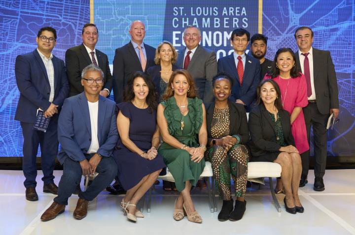 Chamber of Commerce Leaders gathered on stage at the 2024 Economic Outlook Breakfast.