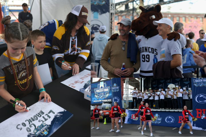 A collage of three images depicting fans enjoying Frozen Four festivities in St. Louis