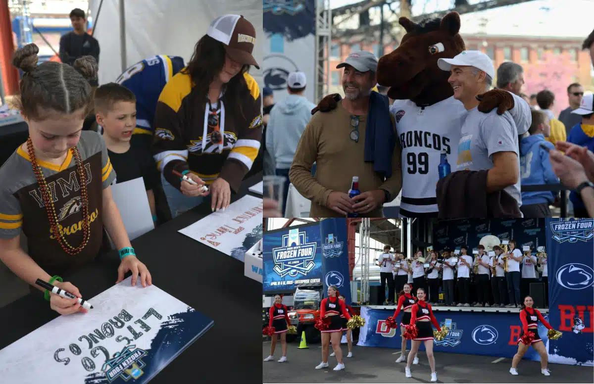 Event montage showing fans signing "Let's Go Broncos" posters at a table, two men smiling beside a horse mascot wearing a Broncos #99 jersey, and cheerleaders performing in front of a marching band on a stage with Frozen Four banners.