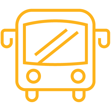 Simple front-facing yellow-orange line icon of a bus showing a windshield with reflection lines, two round headlights, side mirrors and wheels.