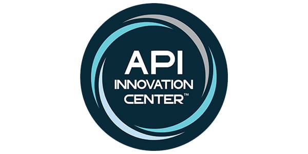 Circular logo reading API Innovation Center with teal and blue swirl around bold white text