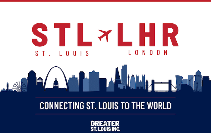 Newsroom_LondonFlight STL - airplane - LHR in red above stylized St. Louis and London skylines with text Connecting St. Louis to the World