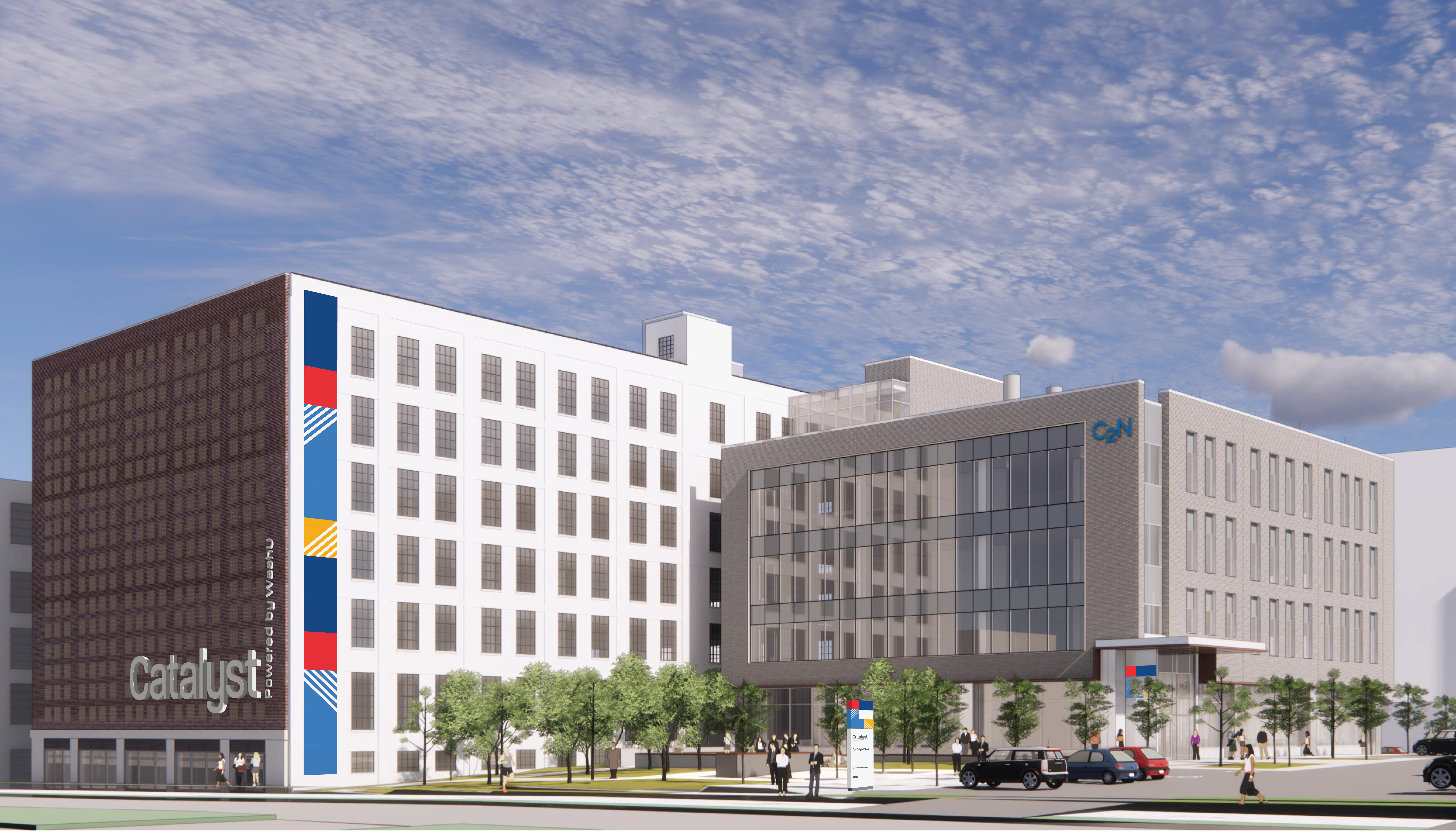 Catalyst Modern multi-building complex with Catalyst sign, glass-fronted wing, colored vertical stripe, trees, pedestrians and cars