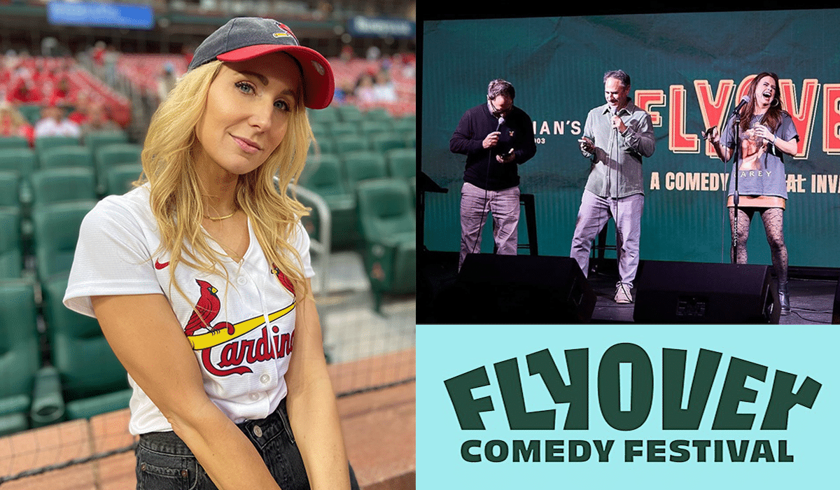 Split image showing a blonde woman in a Cardinals jersey and cap at stadium seats, and three comedians onstage with a Flyover Comedy Festival sign.