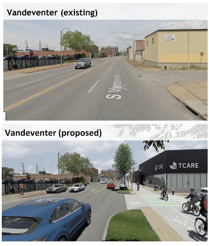 Two-panel Vandeventer: existing wide traffic lanes above; proposed below with protected bike lanes, trees and wider sidewalks.