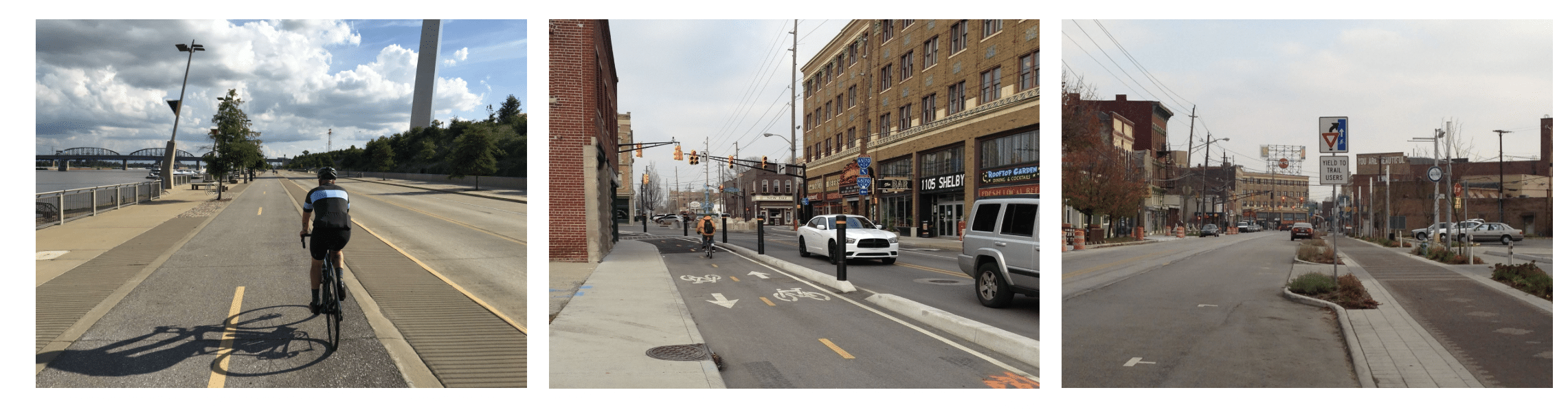 Three urban bike lanes: riverside shared path with a cyclist, a protected curb-separated downtown lane, and a street with a raised bike path and planted median.