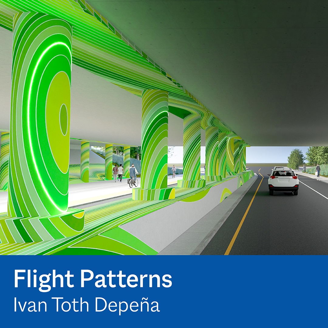 Underpass columns painted with bold green concentric stripes, people and a car nearby, titled 'Flight Patterns'.