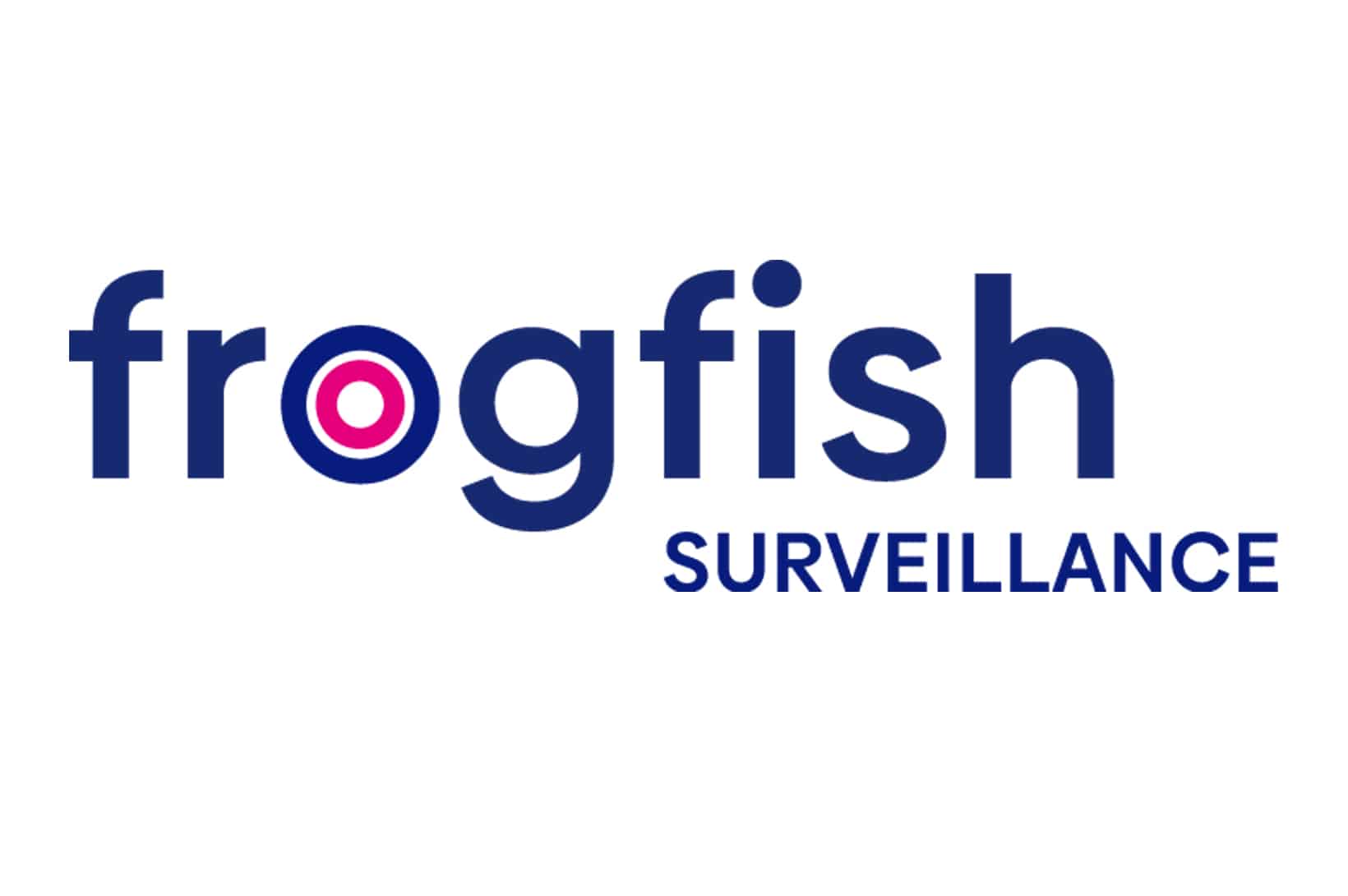 Frogfish Surveillance logo showing dark blue lowercase frogfish with a pink-and-white target inside the o and SURVEILLANCE in uppercase blue.