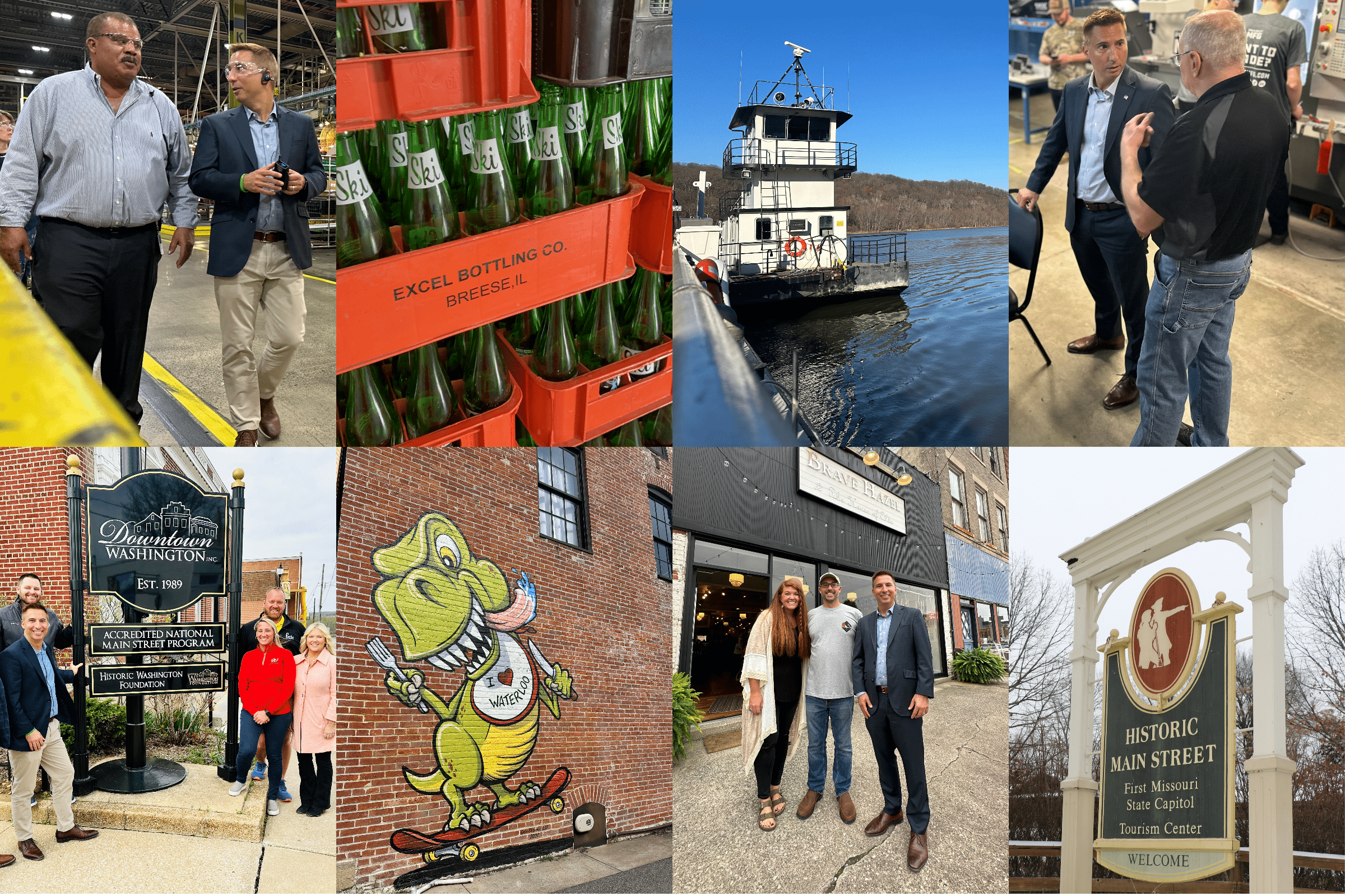 Collage: factory tour and Ski bottles, river ferry, shop talk, downtown sign, dinosaur mural, storefront group.