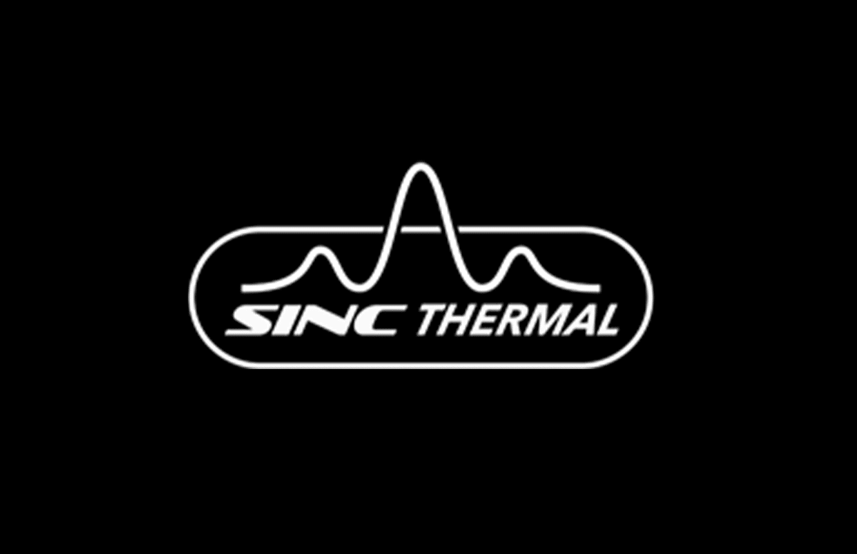 SINC THERMAL logo: white rounded capsule with stylized waveform peak and italic SINC and THERMAL on black background.