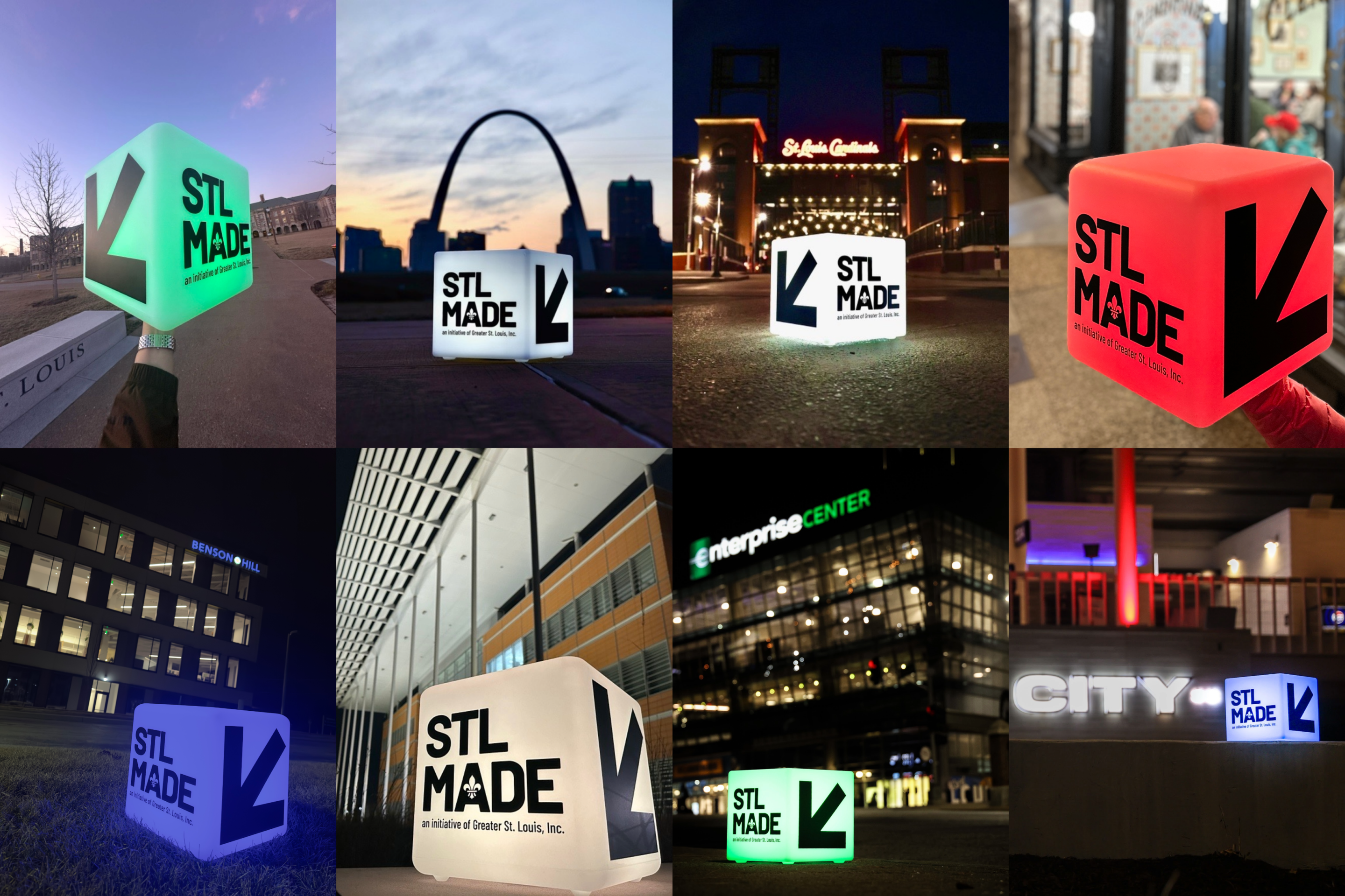 Collage of nine photos showing a glowing cube light with STL MADE logo and black arrow at various St. Louis landmarks.